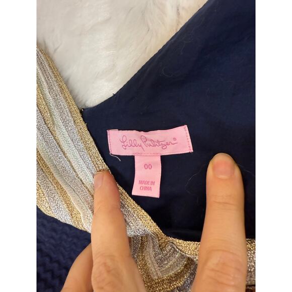 Lilly Pulitzer Valli Shift Dress Navy Blue Silver Gold Iridescent Metallic 00 - Picture 5 of 12